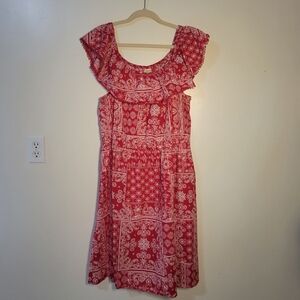 Faded Glory (Women's XXL 20) 100% Cotton Red Bandana Print Floral Ruffle Dress